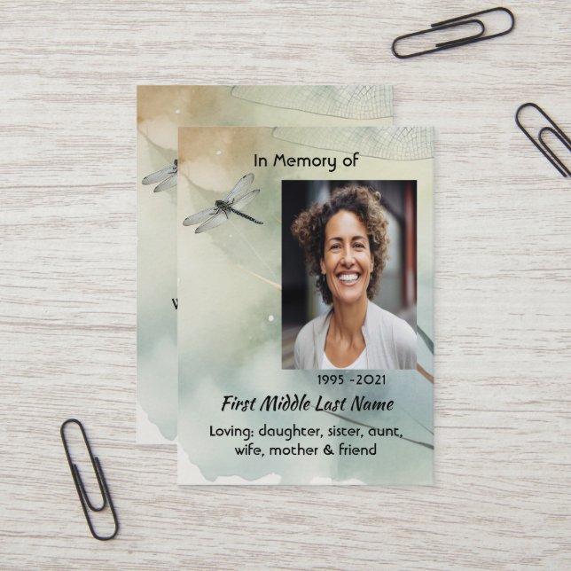 Carte De Visite Christian Memorial Keepsake Dragonfly Business (Devant/Arrière en situation)