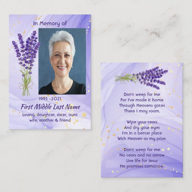 Carte De Visite Christian Memorial Keepsake Lavender Garden Flower (Devant / Derrière)