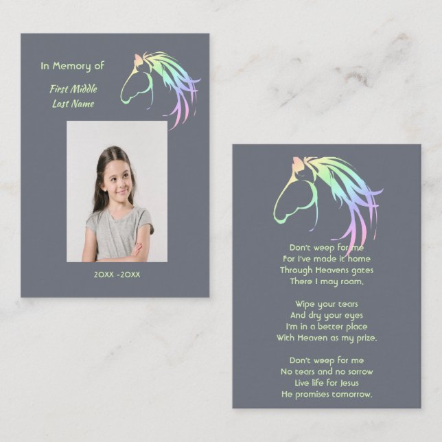 Carte De Visite Christian Memorial Keepsake Pastel Horse Art (Devant / Derrière)
