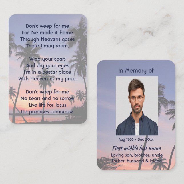 Carte De Visite Christian Memorial Keepsake Tropical Beach  (Devant / Derrière)