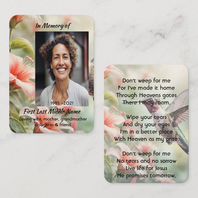Carte De Visite Christian Memorial Photo Keepsake Hummingbird (Devant / Derrière)
