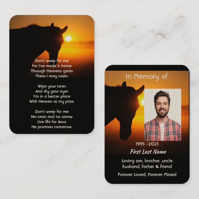 Carte De Visite Christian Memorial Photo Prière Horse Silhouette (Devant / Derrière)