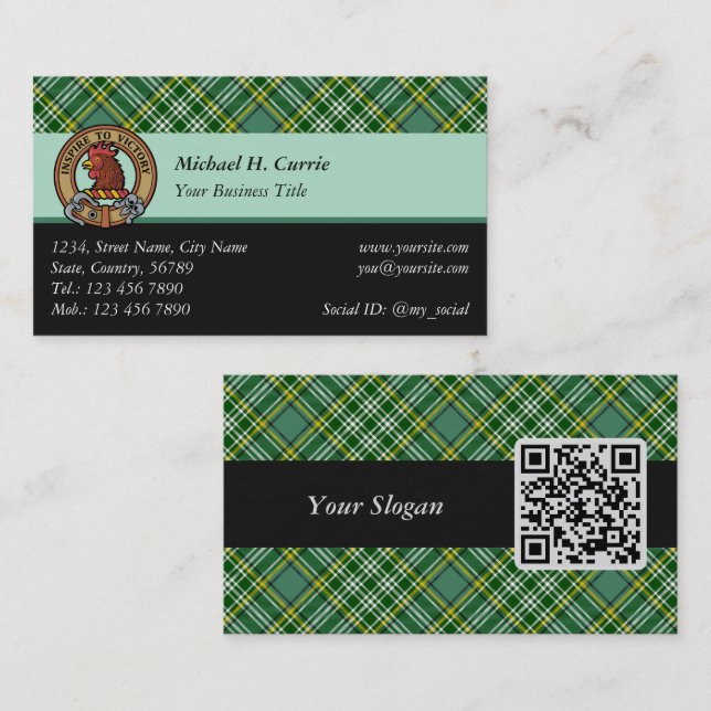 Carte De Visite Cimier de coq Clan Currie sur Tartan (Devant / Derrière)