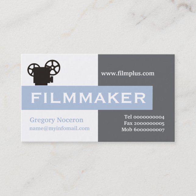 Carte De Visite Cinéaste gris, blanc, acier bleu accrocheur (Devant)