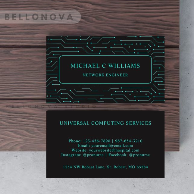 Carte De Visite Circuit bleu turquoise noir brillant personnalisé (Custom Black Bright Green Turquoise Blue Circuit Business Card)