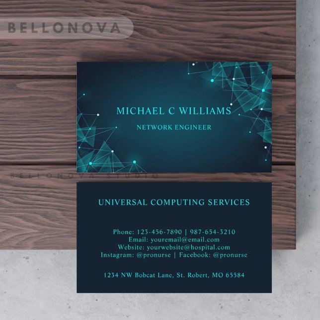 Carte De Visite Circuit bleu turquoise noir brillant personnalisé (Custom Black Bright Green Turquoise Blue Circuit Business Card)