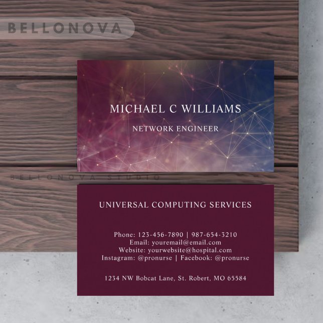 Carte De Visite Circuit de particules bleu-marron personnalisé (Custom Maroon Red Blue Particles Circuit Business Card)