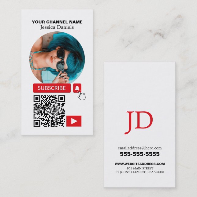 Carte De Visite Circulé Photo & QR Code, Youtube - Vlogger (Devant / Derrière)