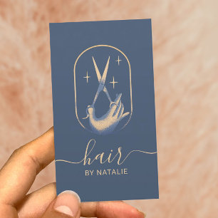 Carte De Visite Ciseau pour cheveux et logo main Vintage Blue Gold