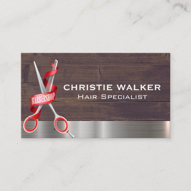Carte De Visite Ciseaux Barbershop | Bois métallique (Devant)