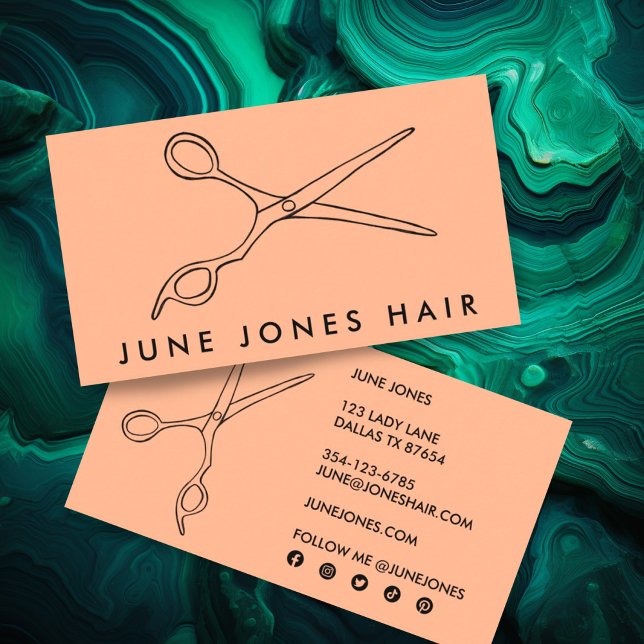 Carte De Visite Ciseaux chic Line Art Peach Fuzz (Custom hair stylist business cards with scissors line art on peach fuzz pink background)