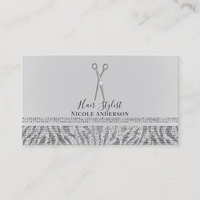 Carte De Visite Ciseaux d'argent blanc gris Zèbre chic cheveux Sty (Devant)