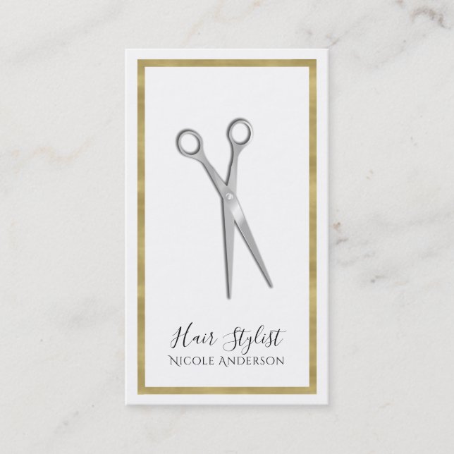 Carte De Visite Ciseaux d'argent Minimale Gold Bordure Hair Stylis (Devant)