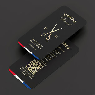 Carte De Visite Ciseaux de barbier Noir Or Rouge Bleu Blanc Modern