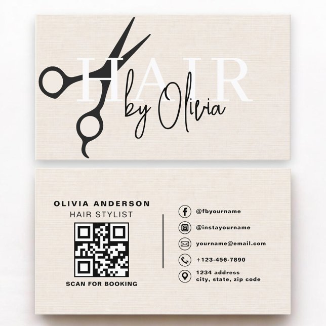 Carte De Visite Ciseaux de coiffeur Code QR Lin (Créateur téléchargé)