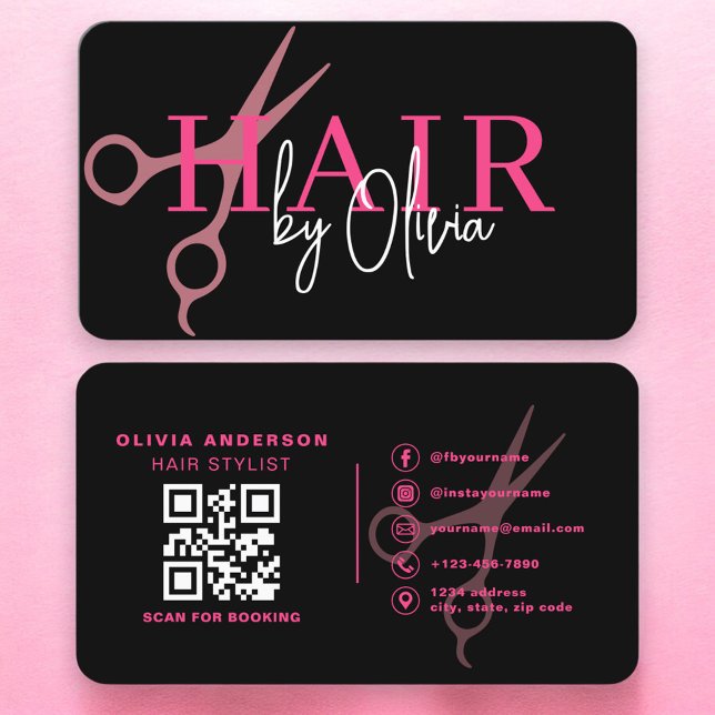 Carte De Visite Ciseaux de coiffeur Code QR Noir Rose  (Créateur téléchargé)