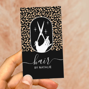 Carte De Visite Ciseaux de coiffeur et logo de main Léopard Salon