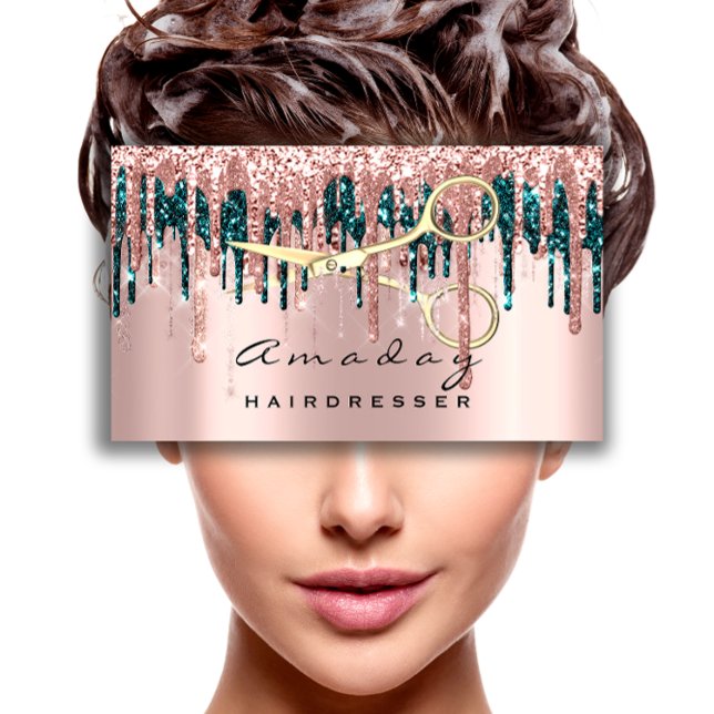 Carte De Visite Ciseaux de coiffeur professionnel Rose Turquoise G (Professional Hairdresser Scissors Rose Teal Gold Business Card)