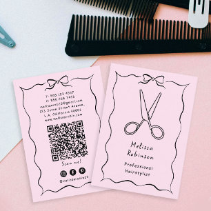 Carte De Visite Ciseaux de coiffeuse Rose Fille & Code QR Coquette