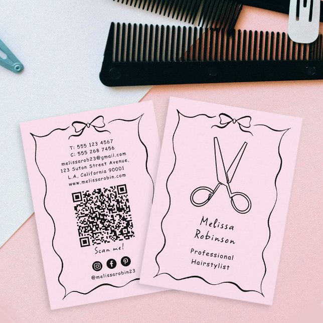 Carte De Visite Ciseaux de coiffeuse Rose Fille & Code QR Coquette (Créateur téléchargé)