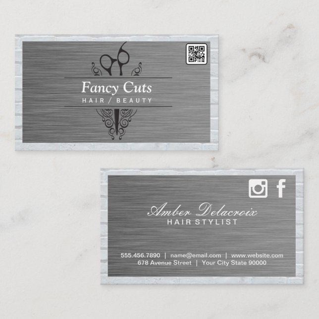 Carte De Visite Ciseaux de salon | Acier et brique | Code QR (Devant / Derrière)