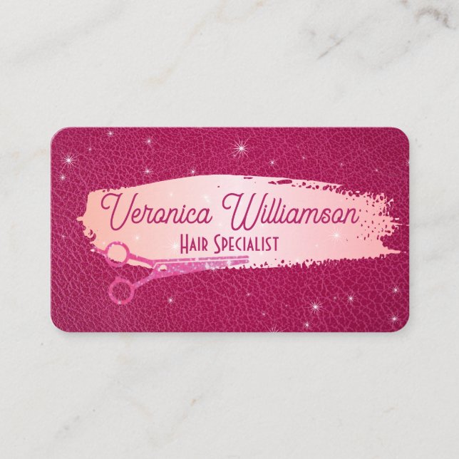 Carte De Visite Ciseaux de salon | Cuir rose | Étincelles (Devant)