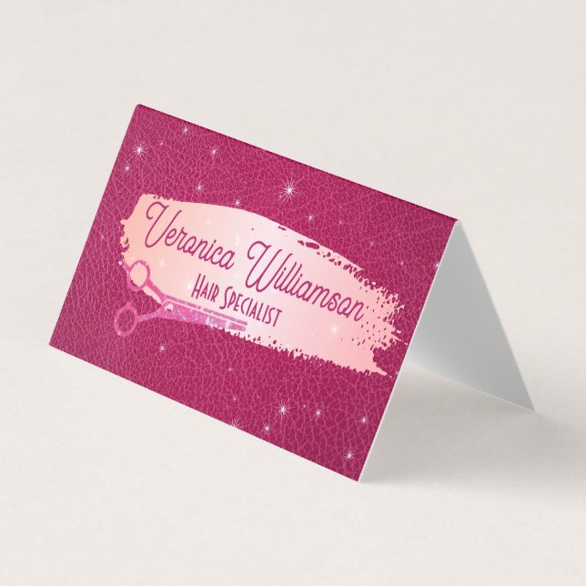 Carte De Visite Ciseaux de salon | Cuir rose | Étincelles (Devant)