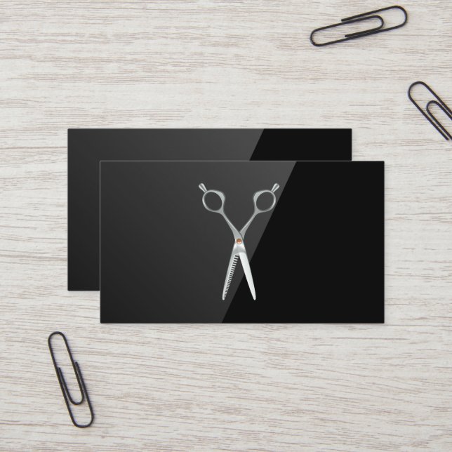 Carte De Visite Ciseaux de salon | Noir brillant (Devant/Arrière en situation)