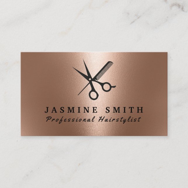 Carte De Visite Ciseaux D'Huile D'Or rose Et Coiffeur Logo (Devant)