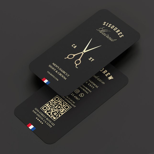 Carte De Visite Ciseaux d'or noir barbier moderne rouge bleu blanc (Modern Barber Black Gold Scissors Red Blue White Business Card
)