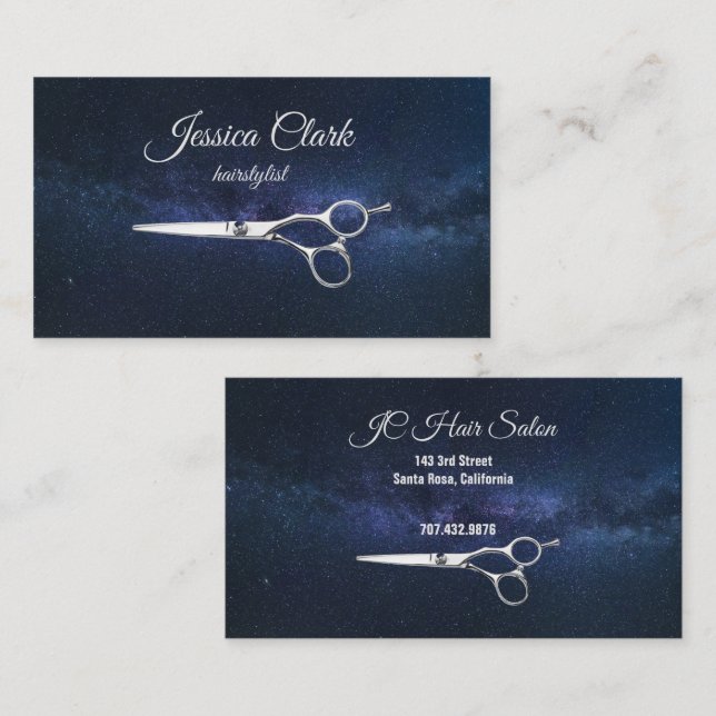 Carte De Visite Ciseaux en argent coiffeur sur Royal Blue Sky Busi (Devant / Derrière)