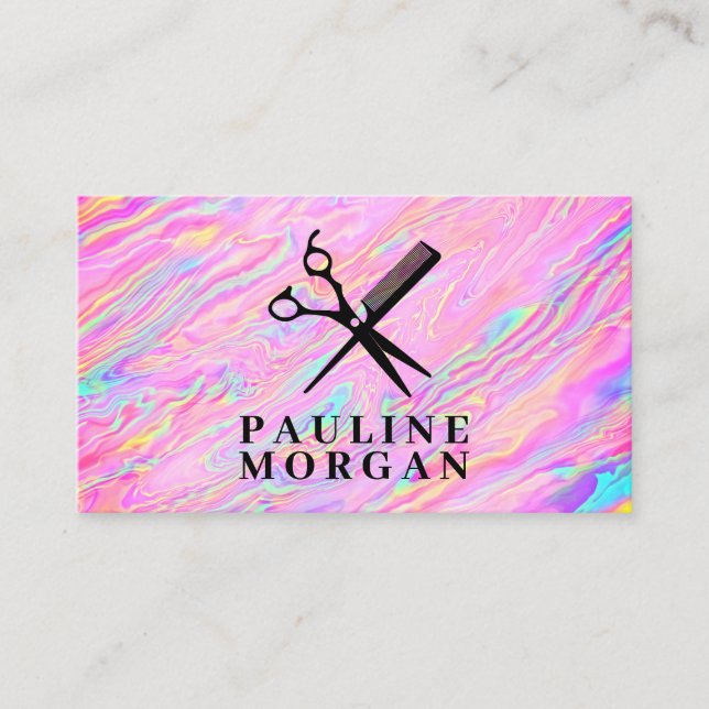 Carte De Visite Ciseaux et peigne | Iridescente holographique (Devant)