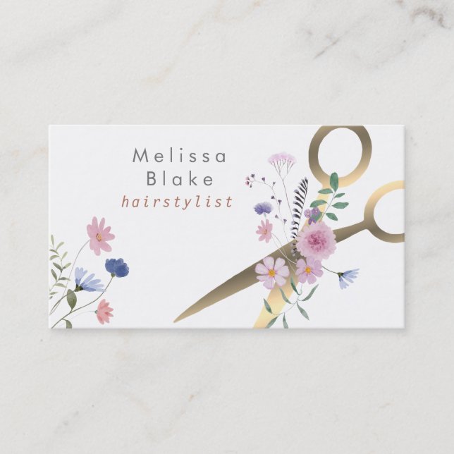 Carte De Visite ciseaux fleur sauvage coiffeur (Devant)