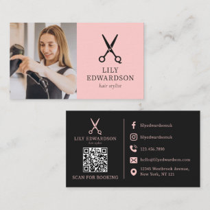 Carte De Visite Ciseaux Logo Photo QR Code Coiffeur Cheveux Rose