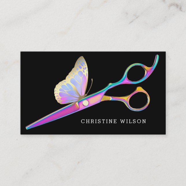Carte De Visite ciseaux papillon sur coiffeur noir (Devant)