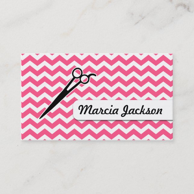 Carte De Visite ciseaux roses girly de chevron de coiffeur (Devant)