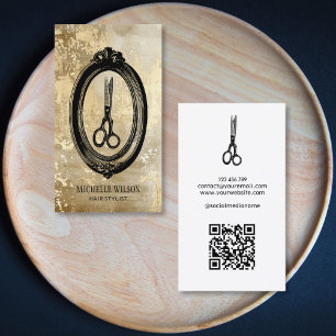 Carte De Visite Ciseaux vintage Gold QR Code Hair Styliste