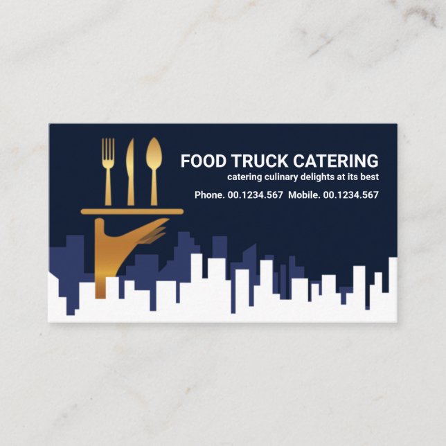 Carte De Visite City Skyline Gold Waiter cuisine à main (Devant)