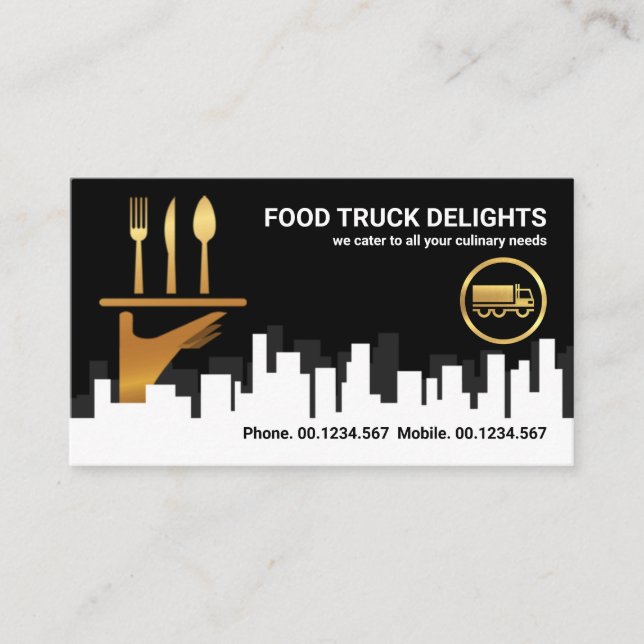 Carte De Visite City Skyline Silhouette Gold Waiter cuisine main (Devant)