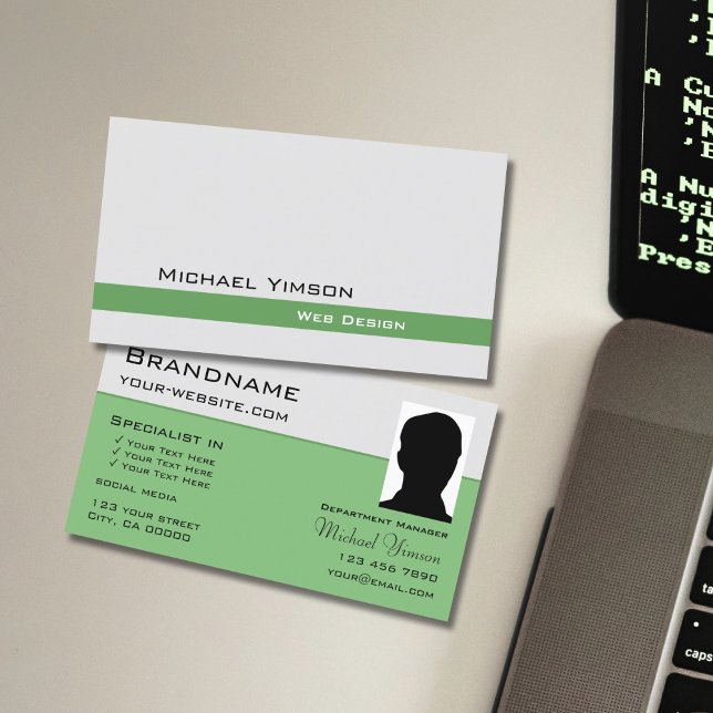 Carte De Visite Clair gris et vert chic avec professionnel photo (Créateur téléchargé)