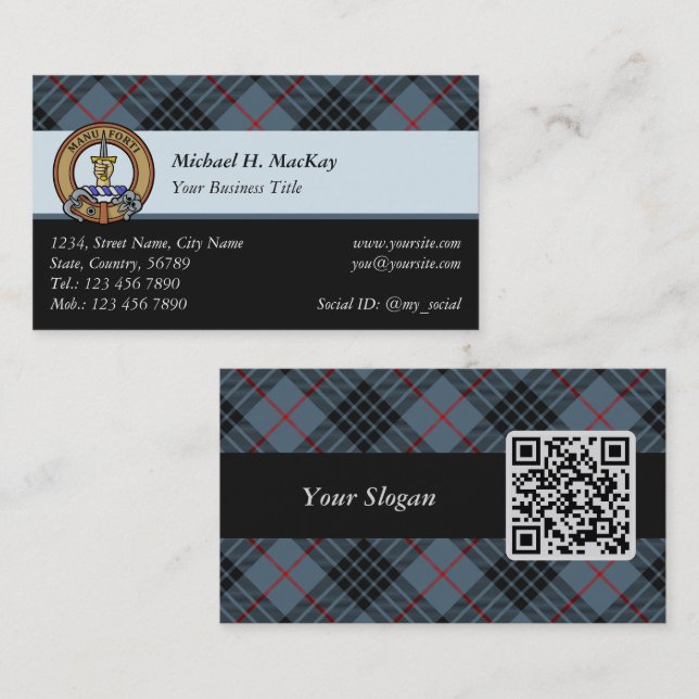 Carte De Visite Clan MacKay Crest sur Blue Tartan (Devant / Derrière)