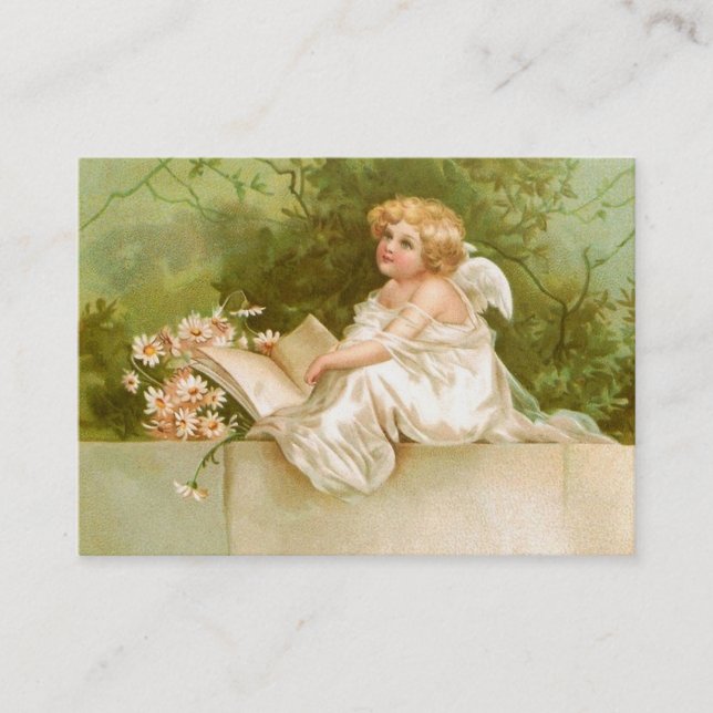 Carte De Visite Clapsaddle : Ange avec le livre et les fleurs (Devant)