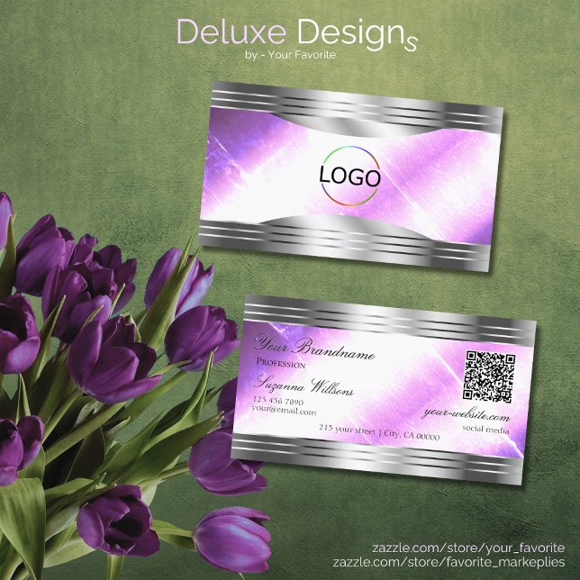Carte De Visite Classé Lilac Silver Shimmer Bordures Logo QR Code (Créateur téléchargé)