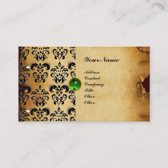 Carte De Visite CLASSEMENT DAMASK PARCHEMENT MONOGRAMME vert émera (Devant)
