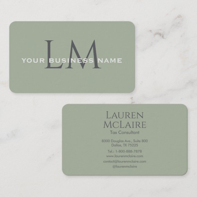 Carte De Visite Classic Sage Green Monogram Branding (Devant / Derrière)