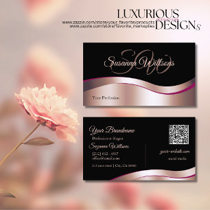 Carte De Visite Classy Black Wavy Rose Gold Decor Initiales QR Cod