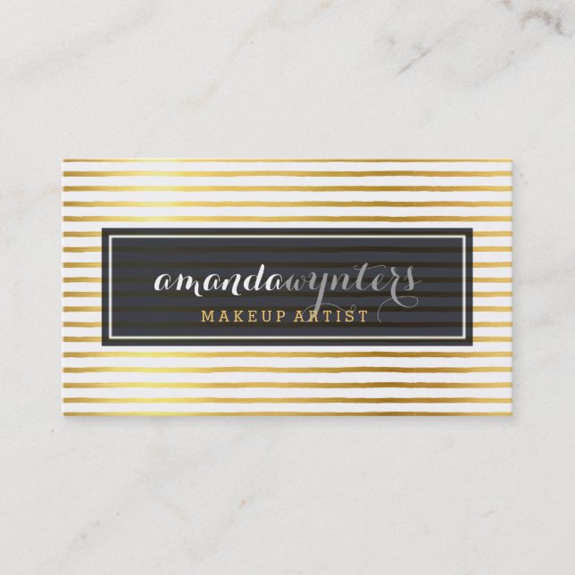 Carte De Visite CLASSY moderne rayure motif or feuille logo badge (Devant)