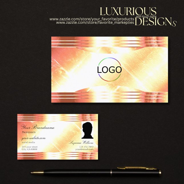 Carte De Visite Classy Shimmery Rose Gold Logo et photo Luxuriant (Créateur téléchargé)