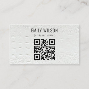 Carte De Visite Classy Simple Ivoire Cuir Blanc Texture QR Code