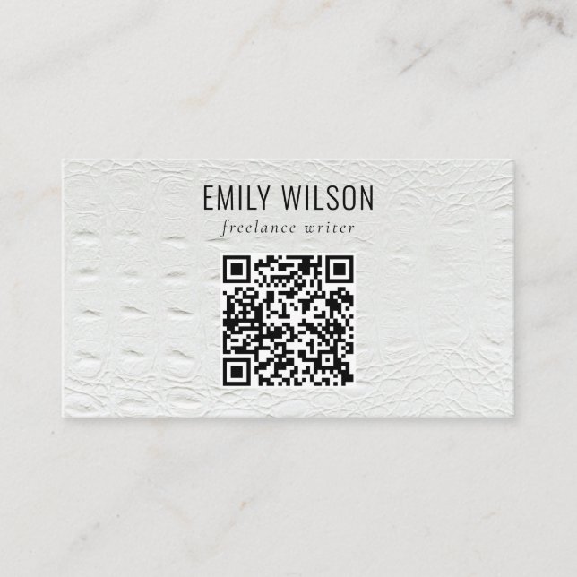 Carte De Visite Classy Simple Ivoire Cuir Blanc Texture QR Code (Devant)